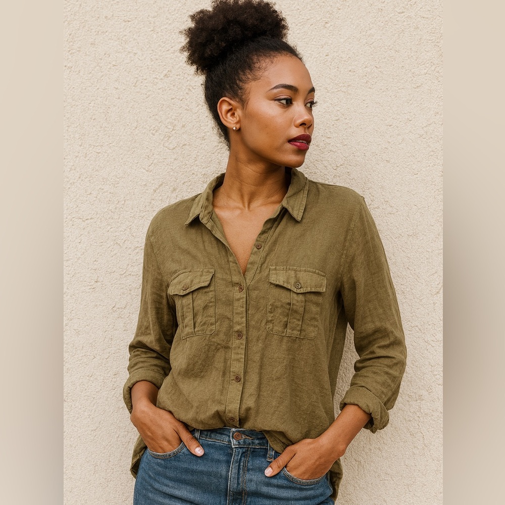 Sigrid Olsen Linen Olive Button‑Up Top L Quiet Luxury Cottagecore 90s Minimalist